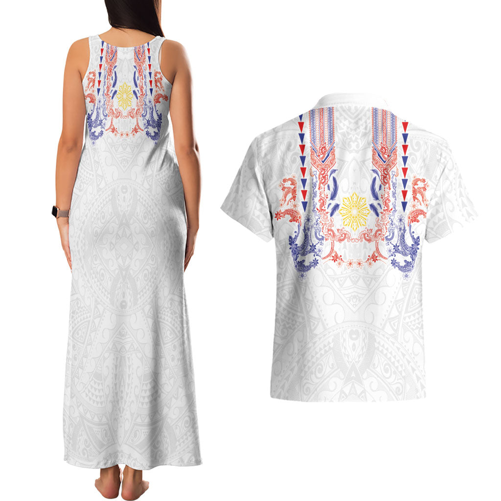 Philippines Barong Style Couples Matching Tank Maxi Dress and Hawaiian Shirt Polynesian Kakau Art Tattoos with Tribal Filipino Sun LT03 - Polynesian Pride