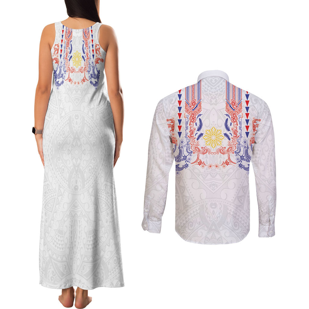 Philippines Barong Style Couples Matching Tank Maxi Dress and Long Sleeve Button Shirt Polynesian Kakau Art Tattoos with Tribal Filipino Sun LT03 - Polynesian Pride