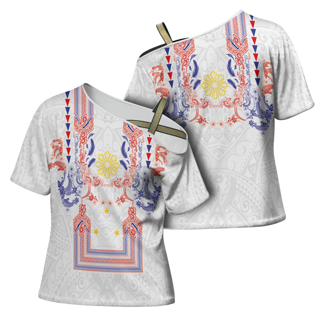 Philippines Barong Style Cross Shoulder Shirt Polynesian Kakau Art Tattoos with Tribal Filipino Sun LT03 - Polynesian Pride