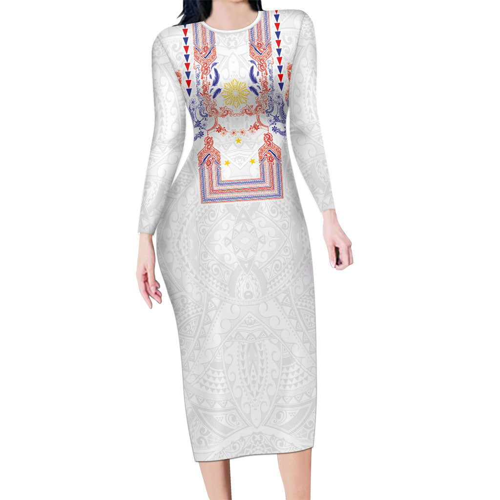 Philippines Barong Style Family Matching Long Sleeve Bodycon Dress and Hawaiian Shirt Polynesian Kakau Art Tattoos with Tribal Filipino Sun LT03 Mom's Dress White - Polynesian Pride