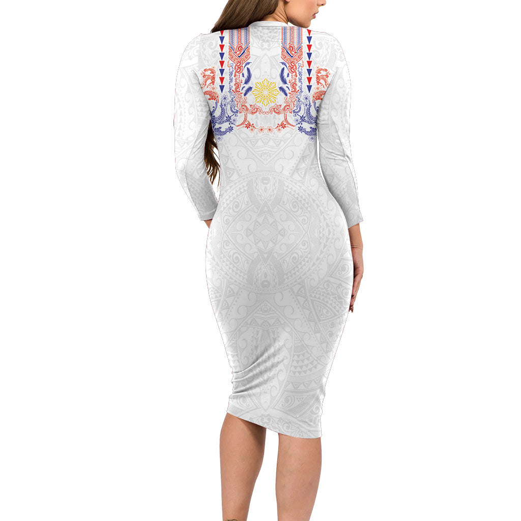 Philippines Barong Style Family Matching Long Sleeve Bodycon Dress and Hawaiian Shirt Polynesian Kakau Art Tattoos with Tribal Filipino Sun LT03 - Polynesian Pride