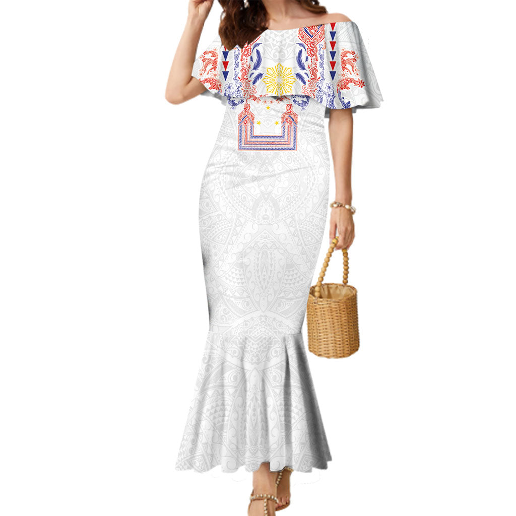 Philippines Barong Style Family Matching Mermaid Dress and Hawaiian Shirt Polynesian Kakau Art Tattoos with Tribal Filipino Sun LT03 Mom's Dress White - Polynesian Pride