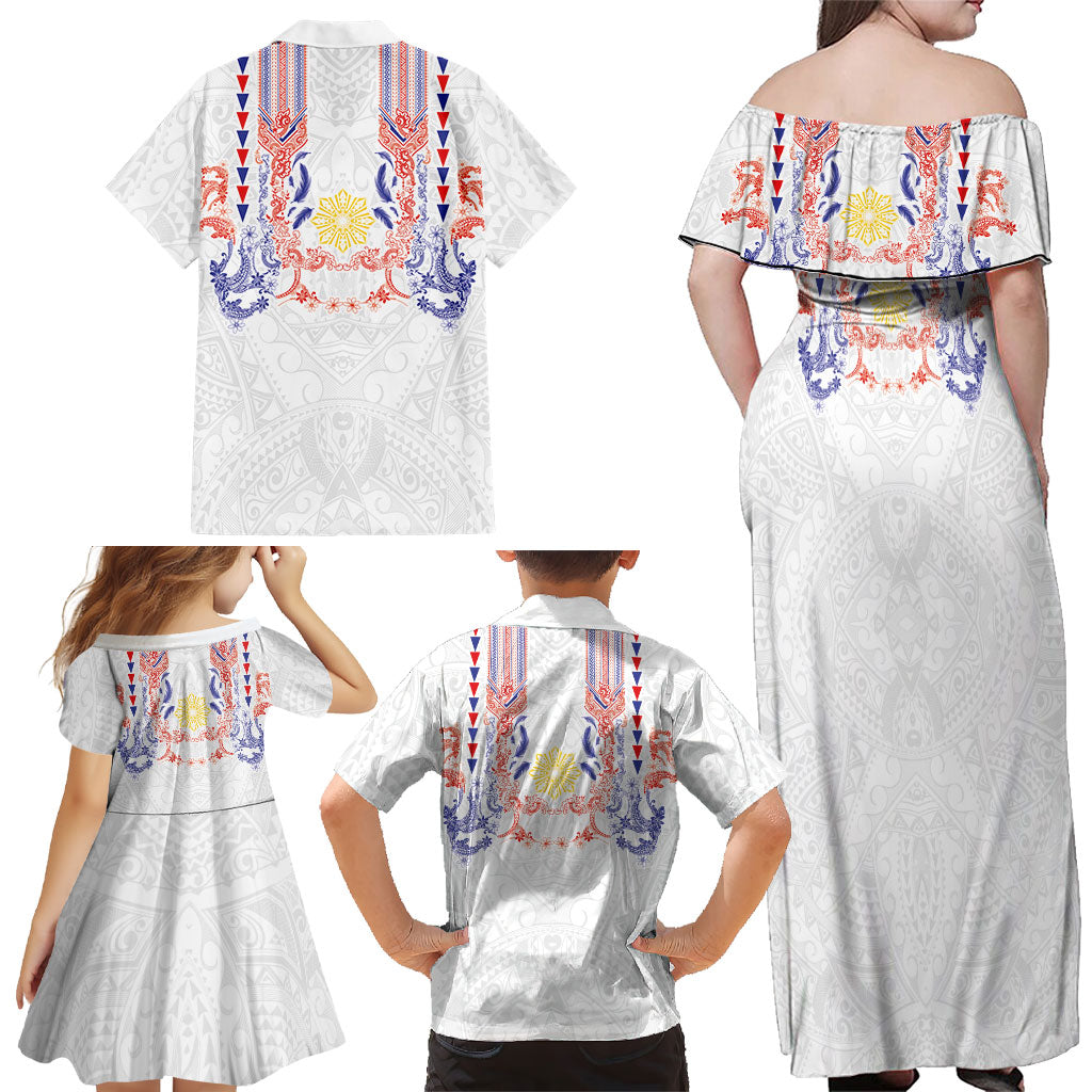 Philippines Barong Style Family Matching Off Shoulder Maxi Dress and Hawaiian Shirt Polynesian Kakau Art Tattoos with Tribal Filipino Sun LT03 - Polynesian Pride