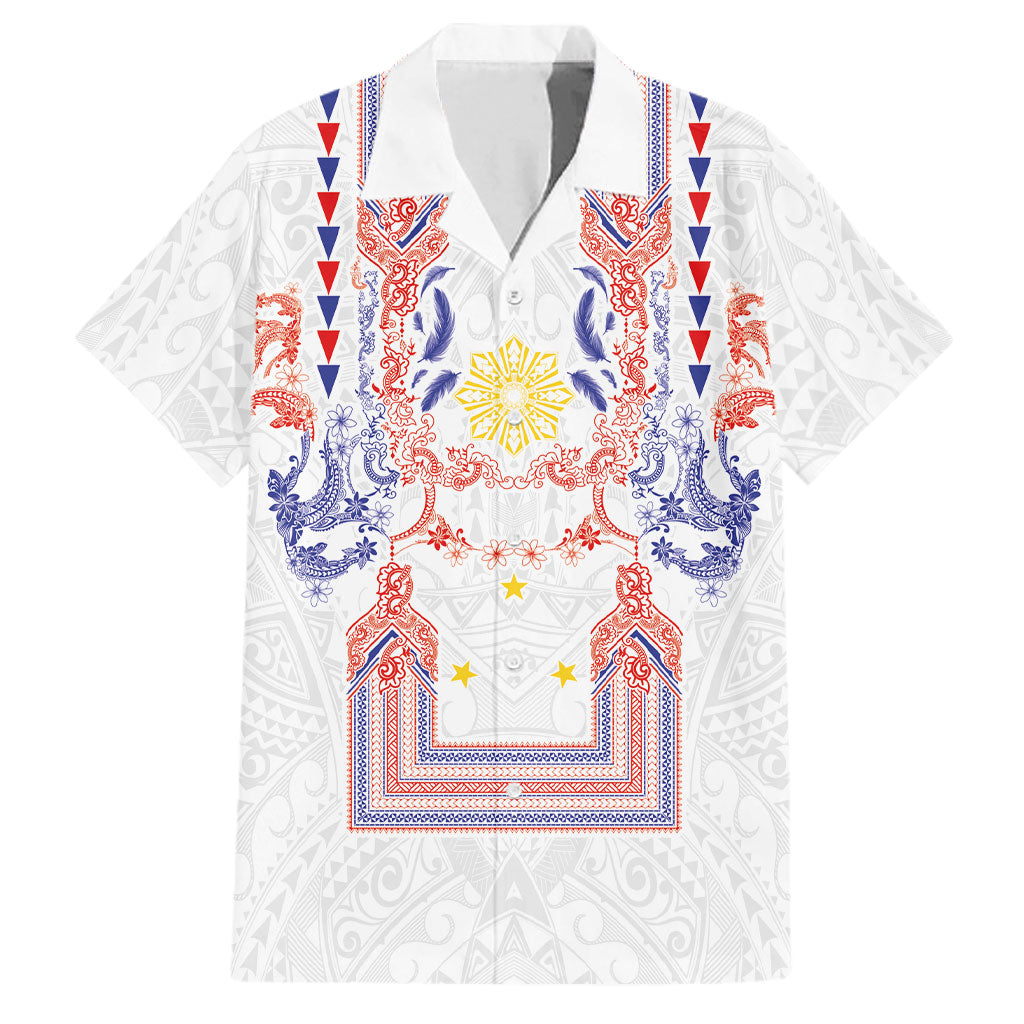 Philippines Barong Style Family Matching Off Shoulder Short Dress and Hawaiian Shirt Polynesian Kakau Art Tattoos with Tribal Filipino Sun LT03 Dad's Shirt - Short Sleeve White - Polynesian Pride