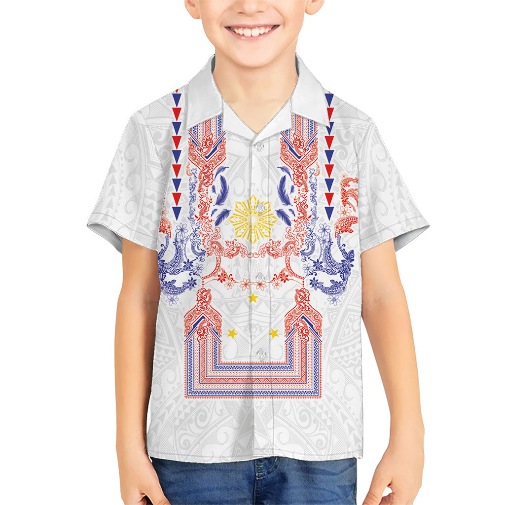 Philippines Barong Style Family Matching Short Sleeve Bodycon Dress and Hawaiian Shirt Polynesian Kakau Art Tattoos with Tribal Filipino Sun LT03 Son's Shirt White - Polynesian Pride