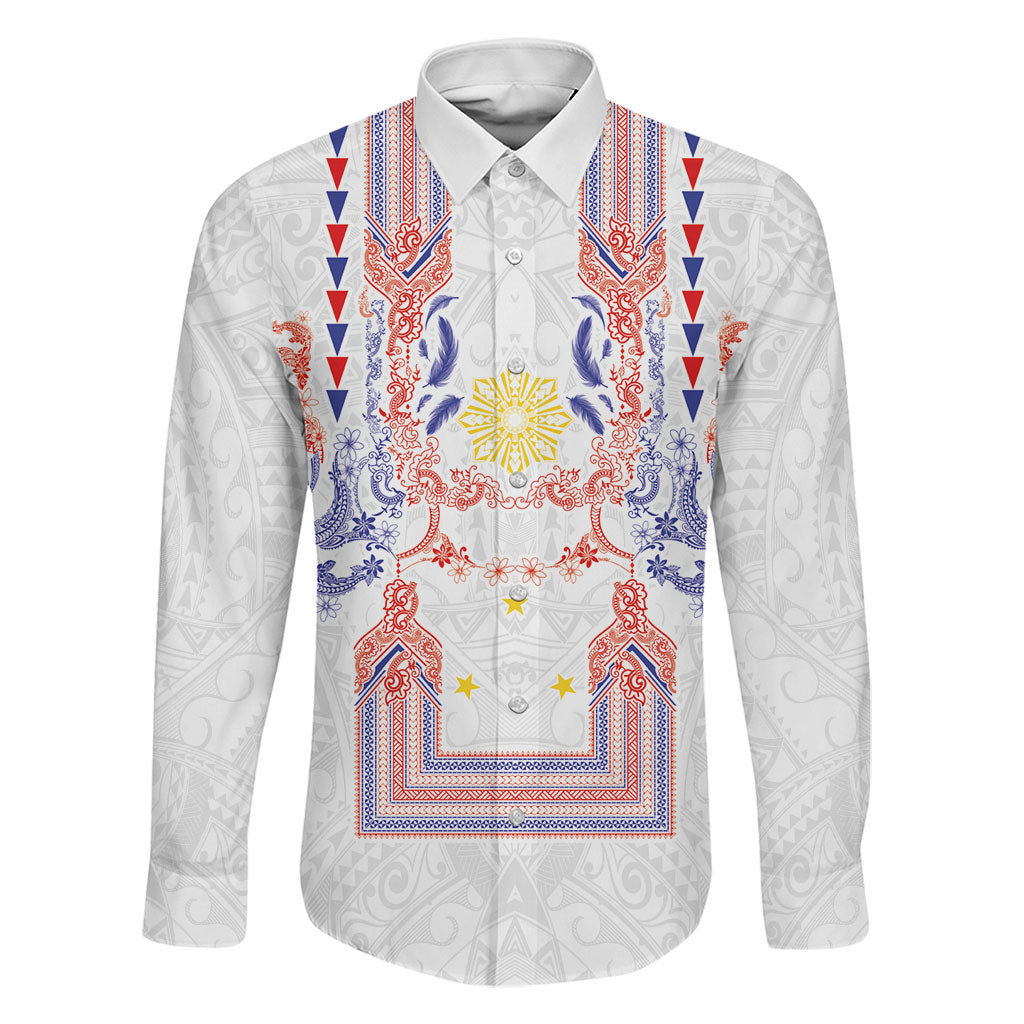 Philippines Barong Style Family Matching Tank Maxi Dress and Hawaiian Shirt Polynesian Kakau Art Tattoos with Tribal Filipino Sun LT03 Dad's Shirt - Long Sleeve White - Polynesian Pride
