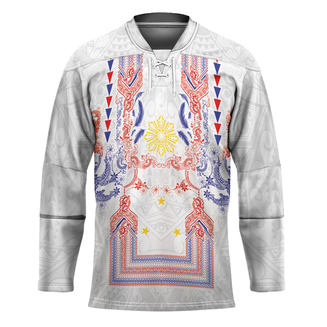 Philippines Barong Style Hockey Jersey Polynesian Kakau Art Tattoos with Tribal Filipino Sun LT03 Unisex White - Polynesian Pride