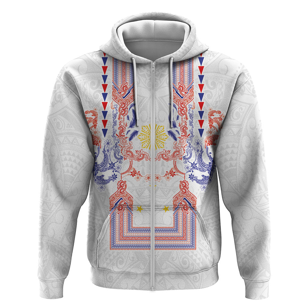 Philippines Barong Style Hoodie Polynesian Kakau Art Tattoos with Tribal Filipino Sun LT03 Zip Hoodie White - Polynesian Pride