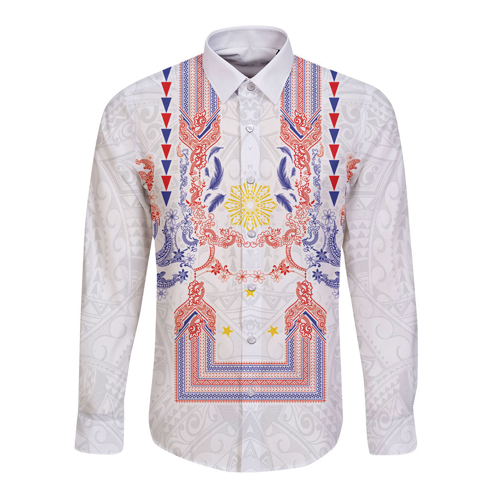 Philippines Barong Style Long Sleeve Button Shirt Polynesian Kakau Art Tattoos with Tribal Filipino Sun LT03 Unisex White - Polynesian Pride