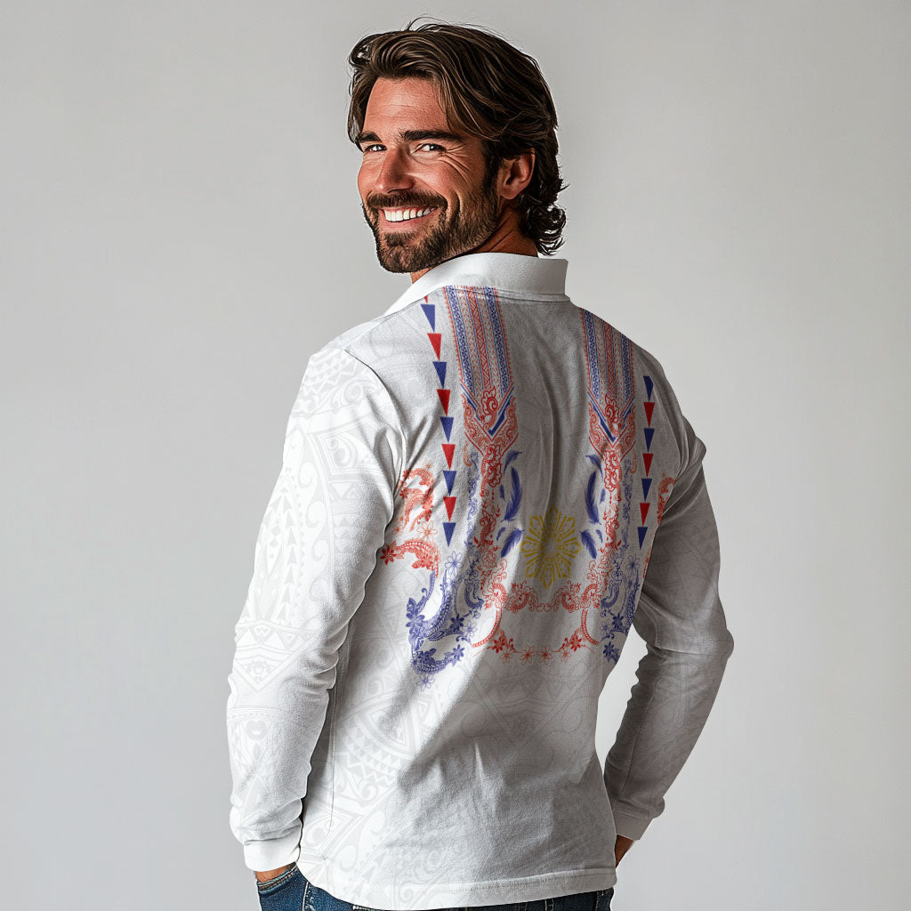 Philippines Barong Style Long Sleeve Polo Shirt Polynesian Kakau Art Tattoos with Tribal Filipino Sun LT03 - Polynesian Pride