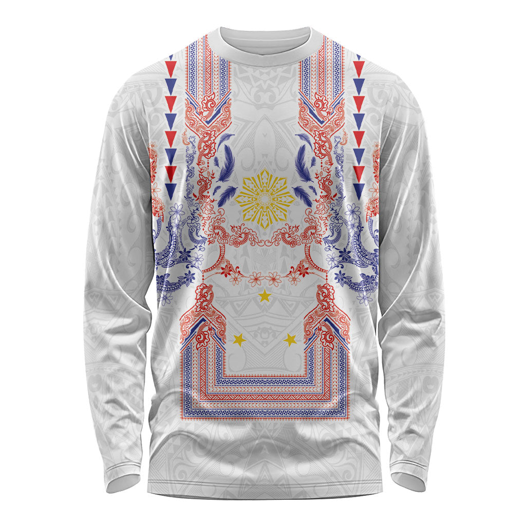 Philippines Barong Style Long Sleeve Shirt Polynesian Kakau Art Tattoos with Tribal Filipino Sun LT03 Unisex White - Polynesian Pride