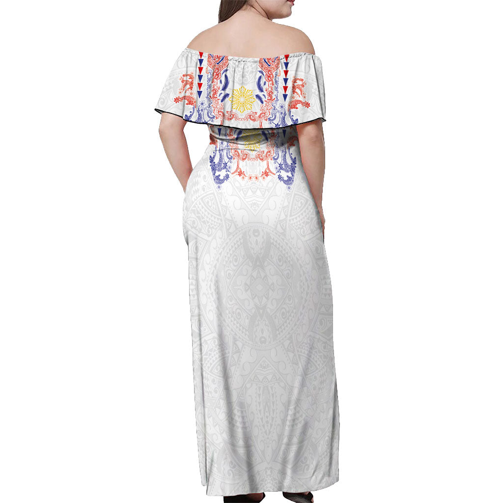 Philippines Barong Style Off Shoulder Maxi Dress Polynesian Kakau Art Tattoos with Tribal Filipino Sun LT03 - Polynesian Pride