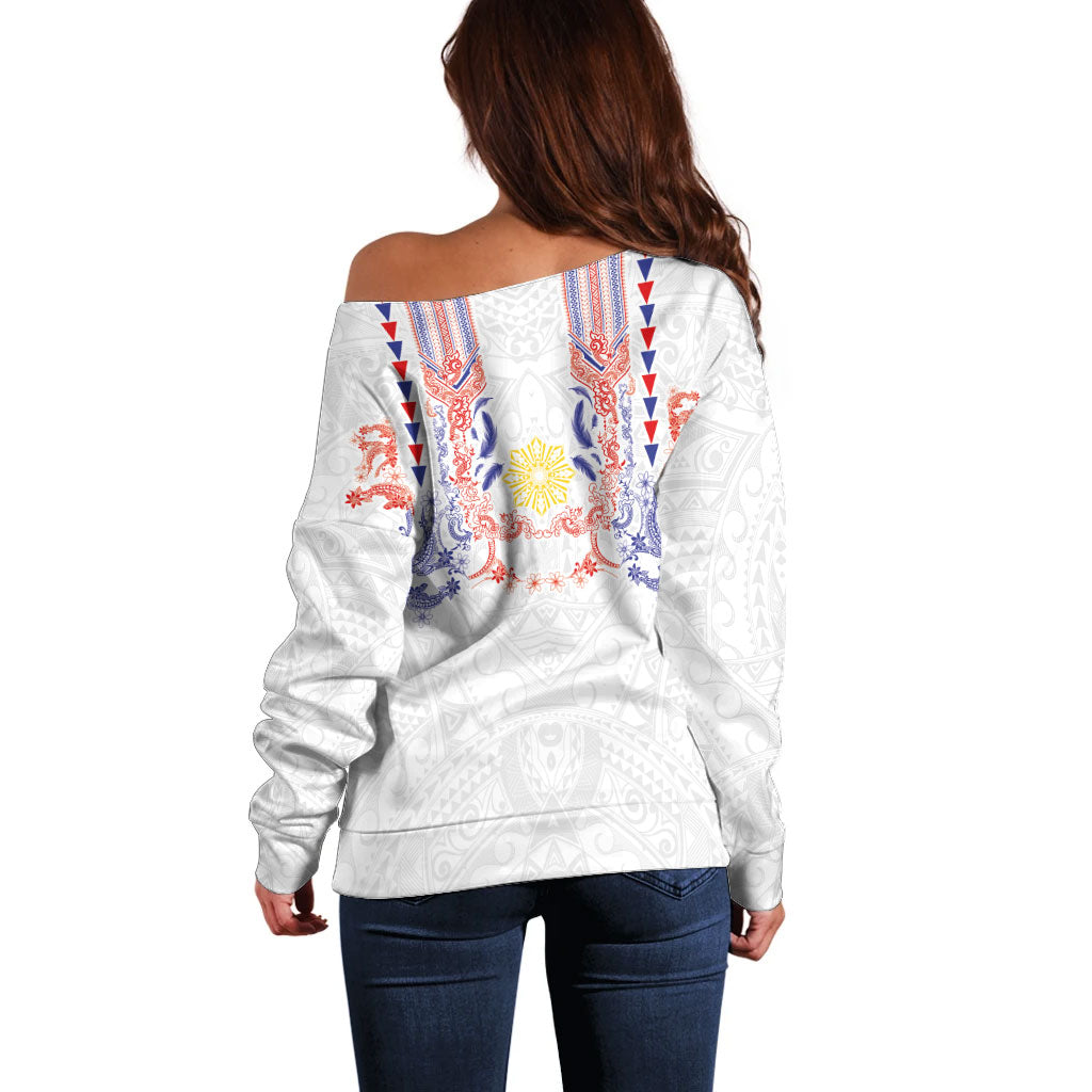 Philippines Barong Style Off Shoulder Sweater Polynesian Kakau Art Tattoos with Tribal Filipino Sun LT03 - Polynesian Pride