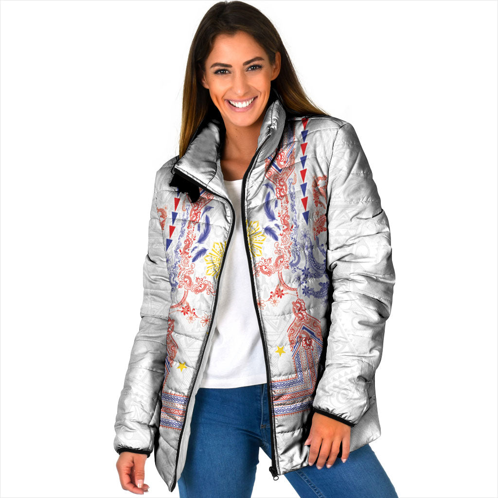 Philippines Barong Style Padded Jacket Polynesian Kakau Art Tattoos with Tribal Filipino Sun LT03 Women White - Polynesian Pride