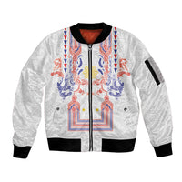 Philippines Barong Style Sleeve Zip Bomber Jacket Polynesian Kakau Art Tattoos with Tribal Filipino Sun LT03 Unisex White - Polynesian Pride
