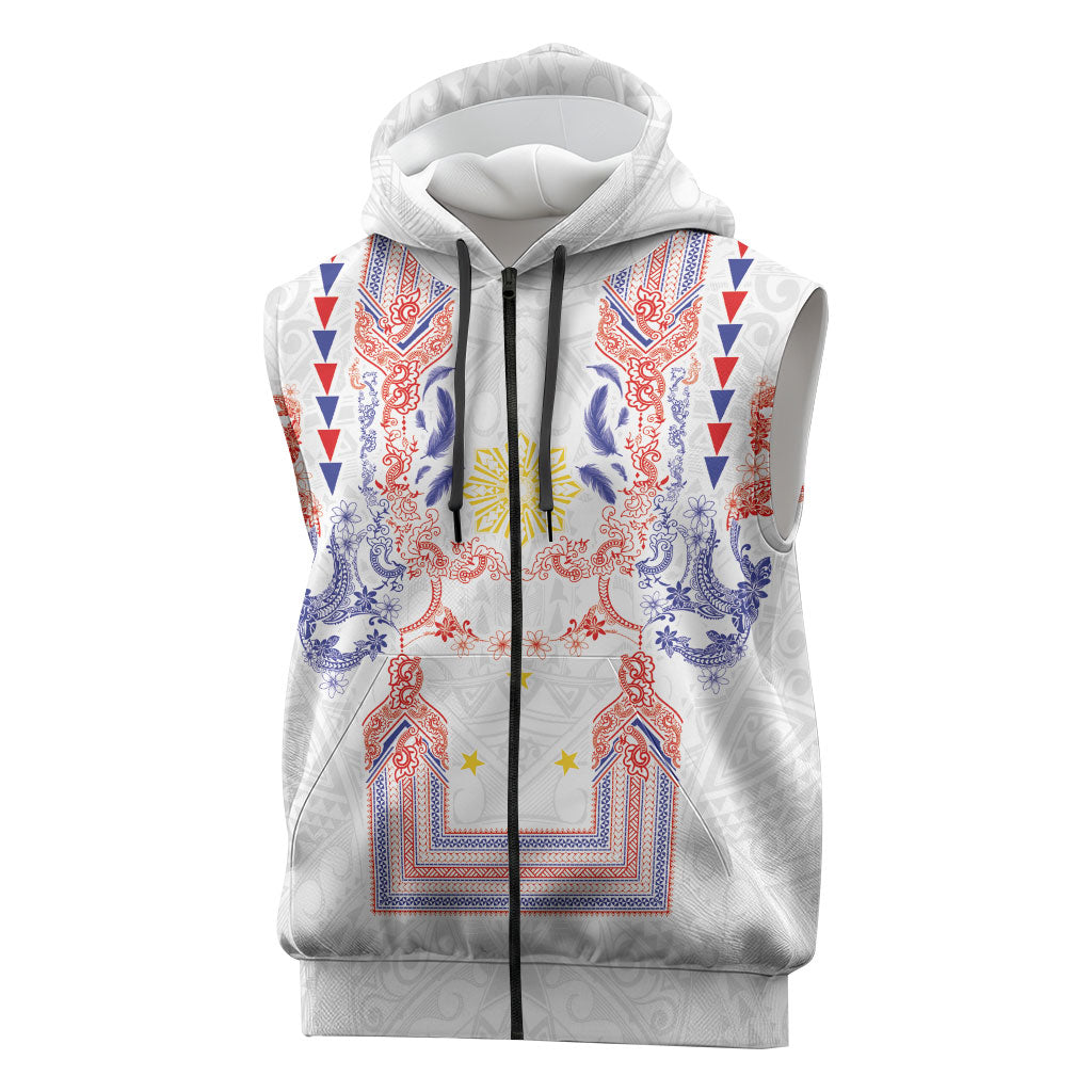 Philippines Barong Style Sleeveless Zip Hoodie Polynesian Kakau Art Tattoos with Tribal Filipino Sun LT03 White - Polynesian Pride