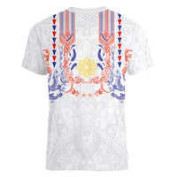 Philippines Barong Style Women V-Neck T-Shirt Polynesian Kakau Art Tattoos with Tribal Filipino Sun LT03 - Polynesian Pride