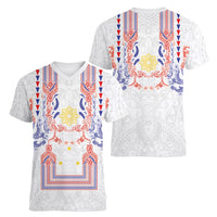 Philippines Barong Style Women V-Neck T-Shirt Polynesian Kakau Art Tattoos with Tribal Filipino Sun LT03 - Polynesian Pride