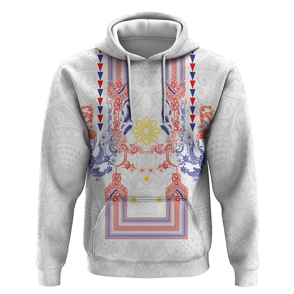 Philippines Barong Style Zip Hoodie Polynesian Kakau Art Tattoos with Tribal Filipino Sun LT03 Pullover Hoodie White - Polynesian Pride