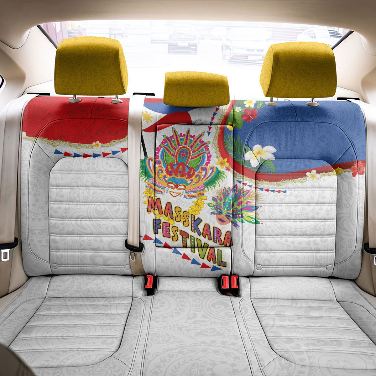 Philippines MassKara Festival Back Car Seat Cover Smile Masks with Hawaiian Art Pattern and Tropical Plants LT03 - Polynesian Pride