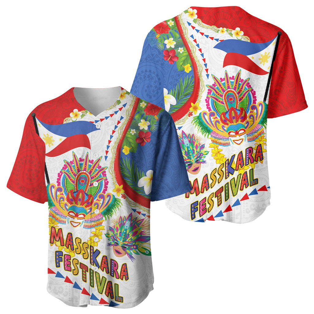 Philippines MassKara Festival Baseball Jersey Smile Masks with Hawaiian Art Pattern and Tropical Plants LT03 - Polynesian Pride