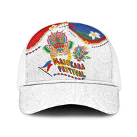 Philippines MassKara Festival Baseball Net Cap Smile Masks with Hawaiian Art Pattern and Tropical Plants LT03 One Size White Multicolor - Polynesian Pride