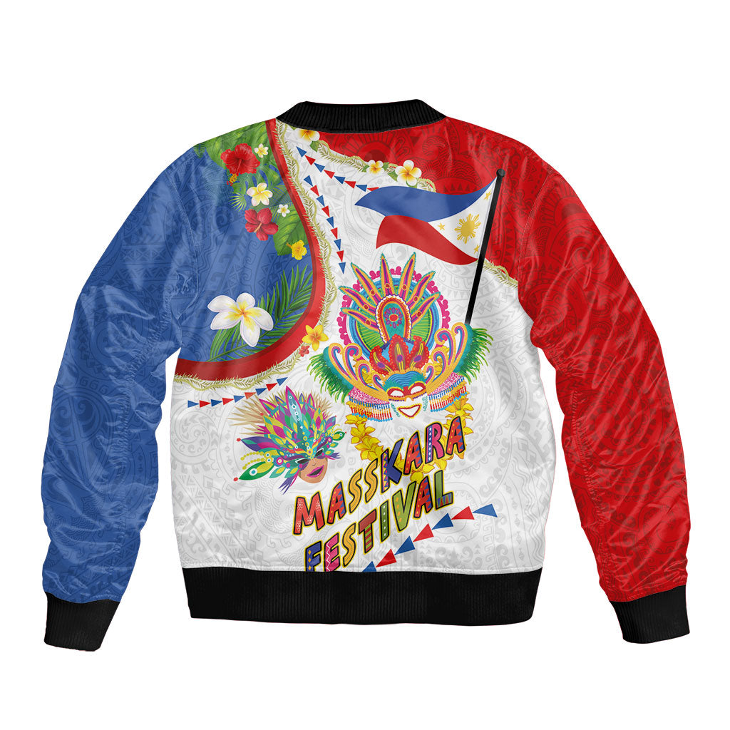 Philippines MassKara Festival Bomber Jacket Smile Masks with Hawaiian Art Pattern and Tropical Plants LT03 - Polynesian Pride