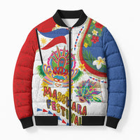 Philippines MassKara Festival Bomber Puffer Jacket Smile Masks with Hawaiian Art Pattern and Tropical Plants LT03 Unisex Multicolor - Polynesian Pride