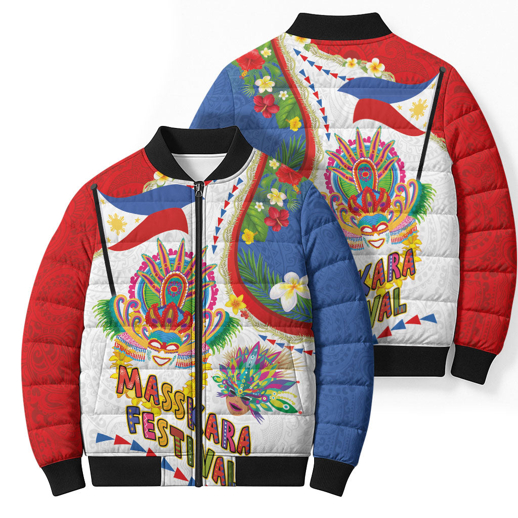 Philippines MassKara Festival Bomber Puffer Jacket Smile Masks with Hawaiian Art Pattern and Tropical Plants LT03 - Polynesian Pride