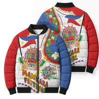 Philippines MassKara Festival Bomber Puffer Jacket Smile Masks with Hawaiian Art Pattern and Tropical Plants LT03 - Polynesian Pride