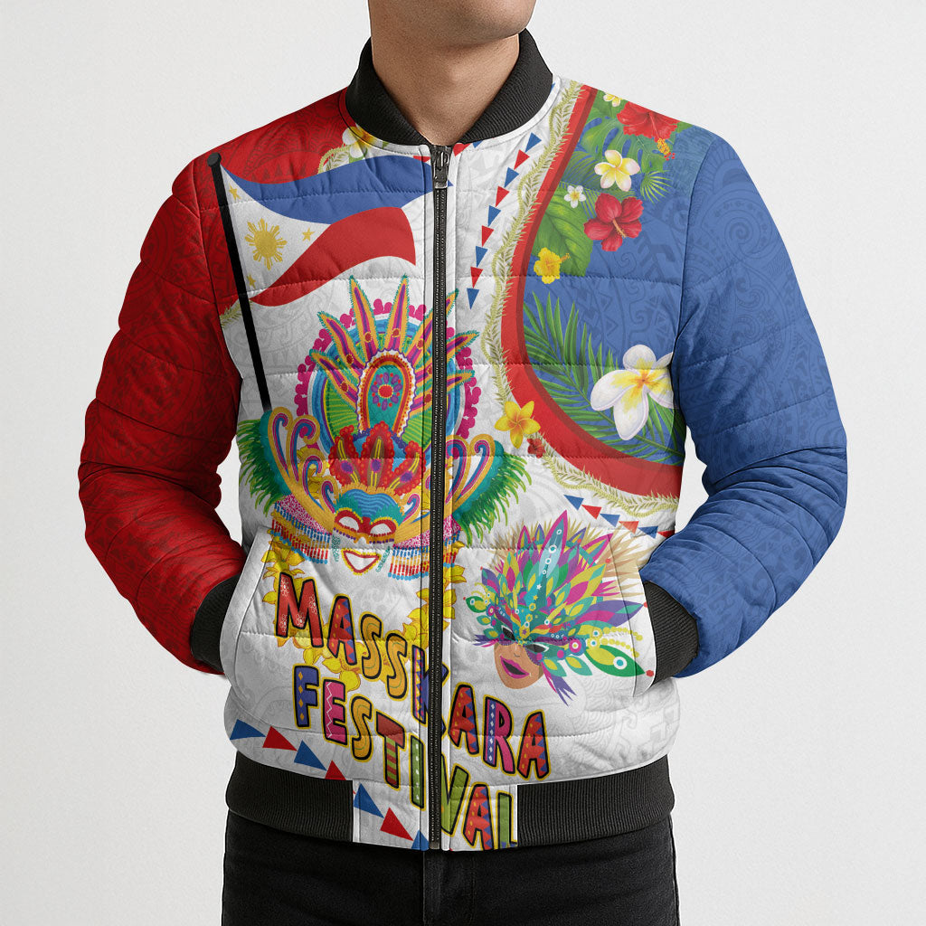 Philippines MassKara Festival Bomber Puffer Jacket Smile Masks with Hawaiian Art Pattern and Tropical Plants LT03 - Polynesian Pride