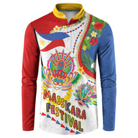 Philippines MassKara Festival Button Sweatshirt Smile Masks with Hawaiian Art Pattern and Tropical Plants LT03 Multicolor - Polynesian Pride
