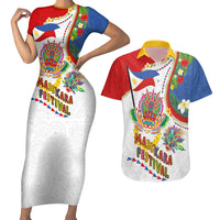 Philippines MassKara Festival Couples Matching Short Sleeve Bodycon Dress and Hawaiian Shirt Smile Masks with Hawaiian Art Pattern and Tropical Plants LT03 Multicolor - Polynesian Pride