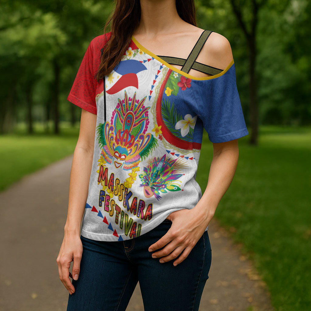 Philippines MassKara Festival Cross Shoulder Shirt Smile Masks with Hawaiian Art Pattern and Tropical Plants LT03 - Polynesian Pride