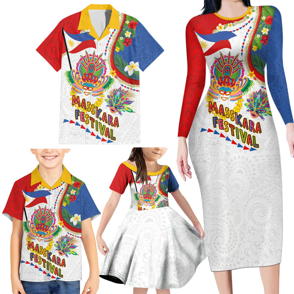 Philippines MassKara Festival Family Matching Long Sleeve Bodycon Dress and Hawaiian Shirt Smile Masks with Hawaiian Art Pattern and Tropical Plants LT03 - Polynesian Pride