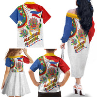 Philippines MassKara Festival Family Matching Off The Shoulder Long Sleeve Dress and Hawaiian Shirt Smile Masks with Hawaiian Art Pattern and Tropical Plants LT03 - Polynesian Pride