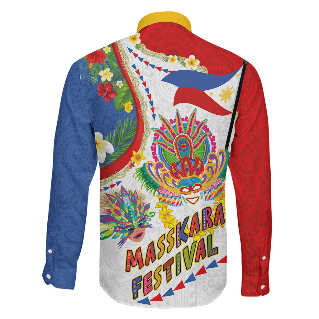 Philippines MassKara Festival Family Matching Off The Shoulder Long Sleeve Dress and Hawaiian Shirt Smile Masks with Hawaiian Art Pattern and Tropical Plants LT03 - Polynesian Pride