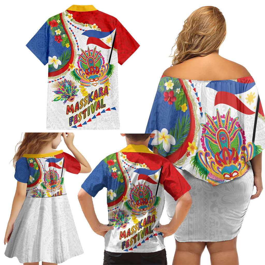 Philippines MassKara Festival Family Matching Off Shoulder Short Dress and Hawaiian Shirt Smile Masks with Hawaiian Art Pattern and Tropical Plants LT03 - Polynesian Pride