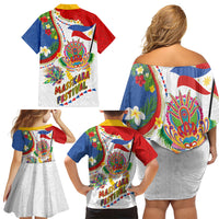 Philippines MassKara Festival Family Matching Off Shoulder Short Dress and Hawaiian Shirt Smile Masks with Hawaiian Art Pattern and Tropical Plants LT03 - Polynesian Pride