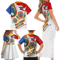 Philippines MassKara Festival Family Matching Short Sleeve Bodycon Dress and Hawaiian Shirt Smile Masks with Hawaiian Art Pattern and Tropical Plants LT03 - Polynesian Pride