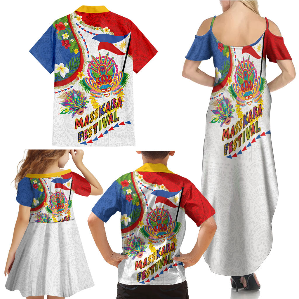 Philippines MassKara Festival Family Matching Summer Maxi Dress and Hawaiian Shirt Smile Masks with Hawaiian Art Pattern and Tropical Plants LT03 - Polynesian Pride