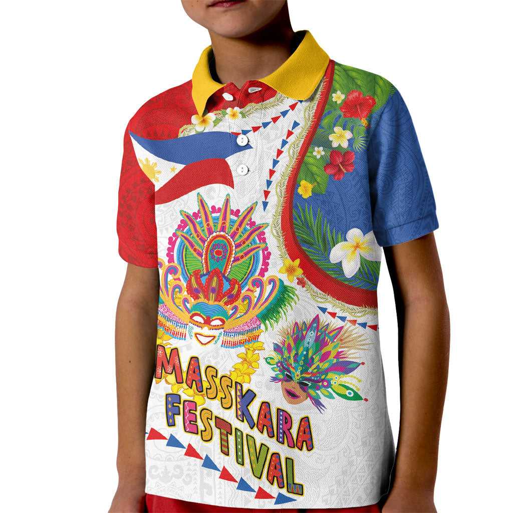 Philippines MassKara Festival Kid Polo Shirt Smile Masks with Hawaiian Art Pattern and Tropical Plants LT03 Kid Multicolor - Polynesian Pride