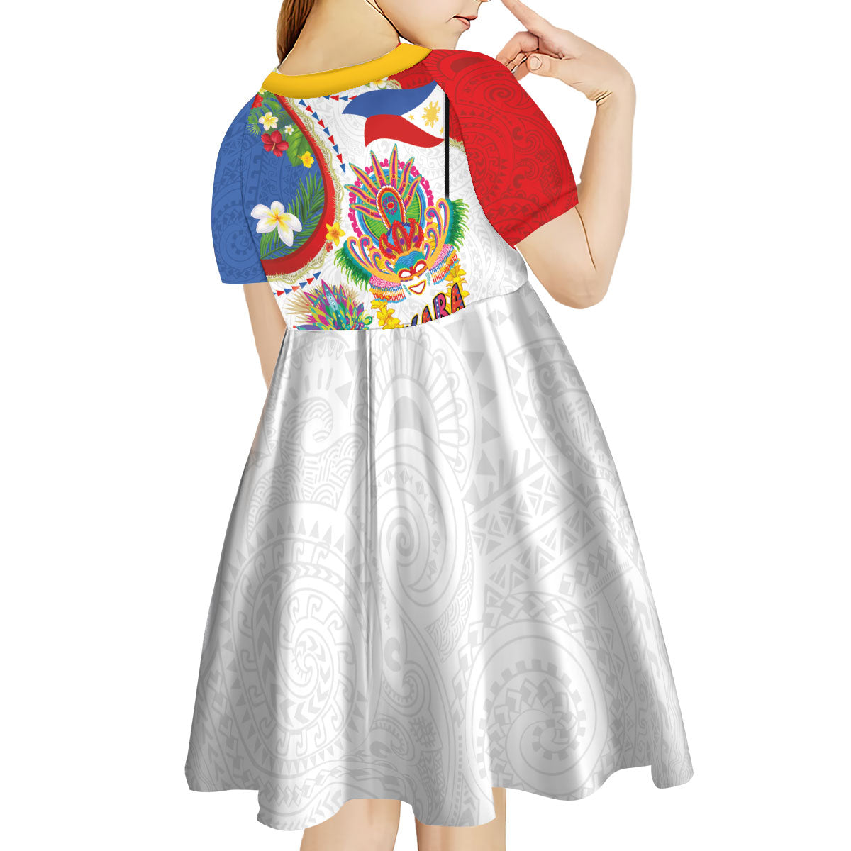 Philippines MassKara Festival Kid Short Sleeve Dress Smile Masks with Hawaiian Art Pattern and Tropical Plants LT03 - Polynesian Pride