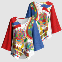 Philippines MassKara Festival Kimono Sleeve Blouse Smile Masks with Hawaiian Art Pattern and Tropical Plants LT03 - Polynesian Pride