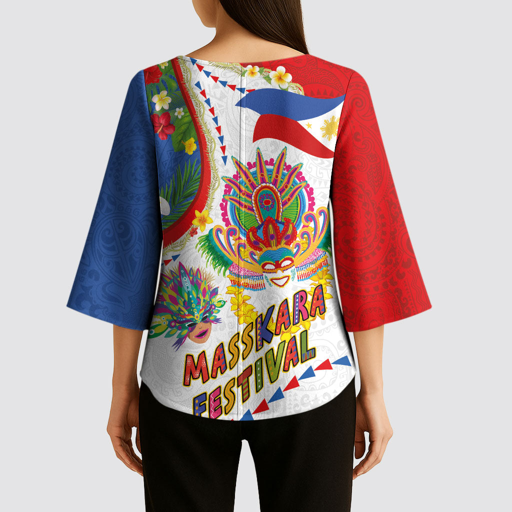 Philippines MassKara Festival Kimono Sleeve Blouse Smile Masks with Hawaiian Art Pattern and Tropical Plants LT03 - Polynesian Pride