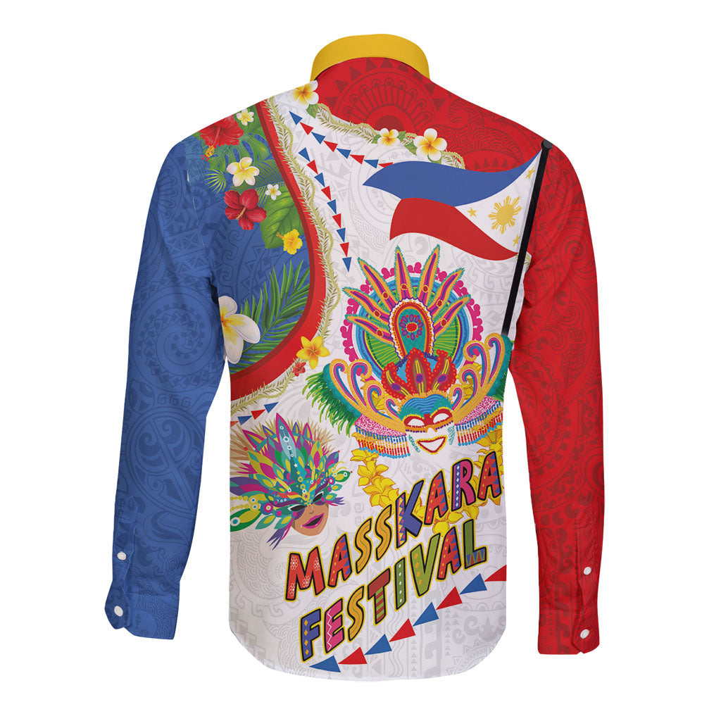 Philippines MassKara Festival Long Sleeve Button Shirt Smile Masks with Hawaiian Art Pattern and Tropical Plants LT03 - Polynesian Pride