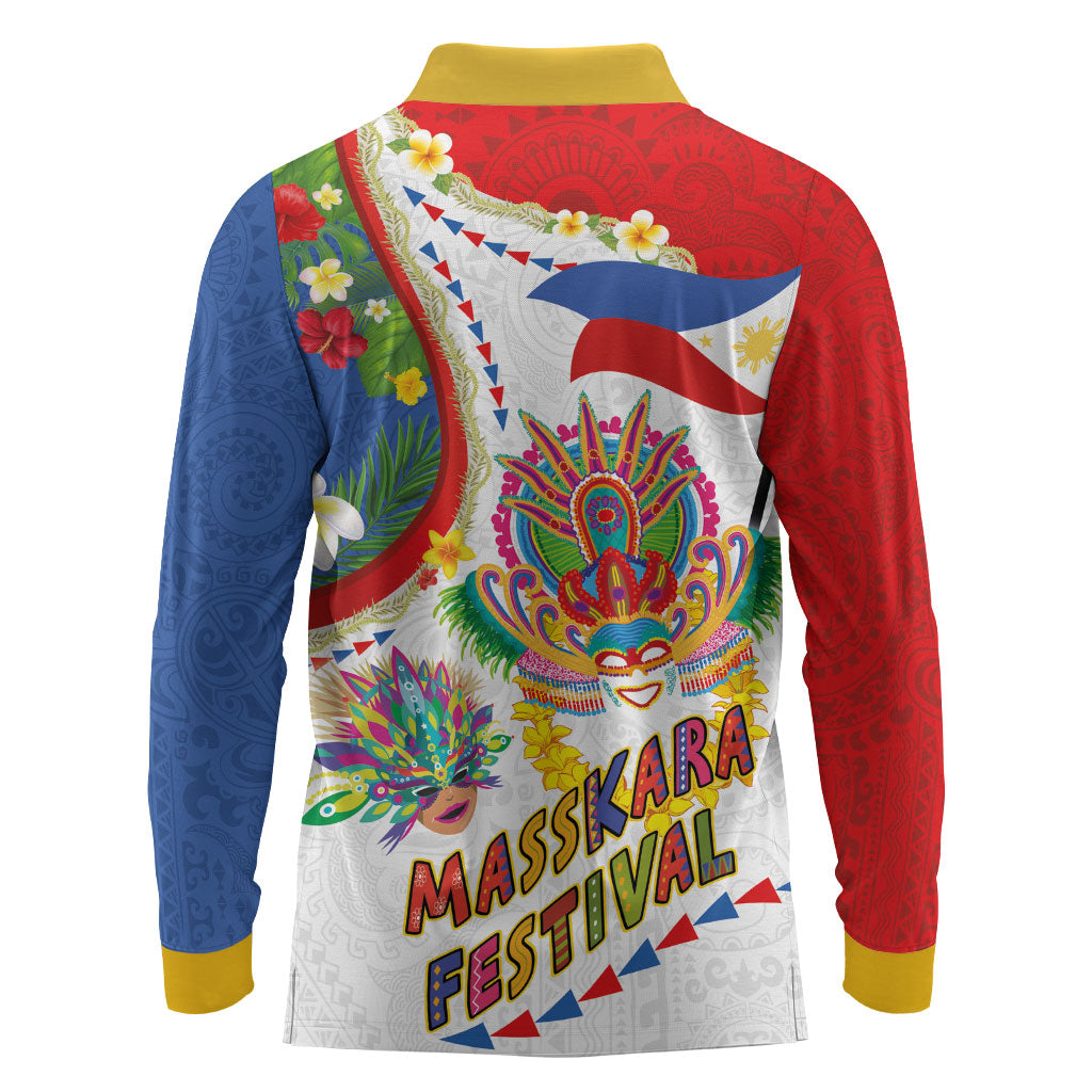 Philippines MassKara Festival Long Sleeve Polo Shirt Smile Masks with Hawaiian Art Pattern and Tropical Plants LT03 - Polynesian Pride