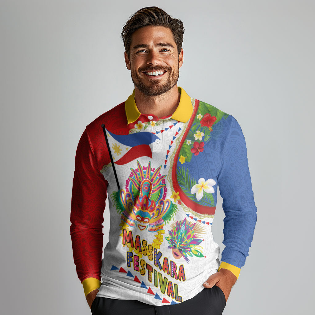 Philippines MassKara Festival Long Sleeve Polo Shirt Smile Masks with Hawaiian Art Pattern and Tropical Plants LT03 - Polynesian Pride