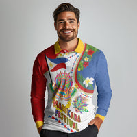 Philippines MassKara Festival Long Sleeve Polo Shirt Smile Masks with Hawaiian Art Pattern and Tropical Plants LT03 - Polynesian Pride