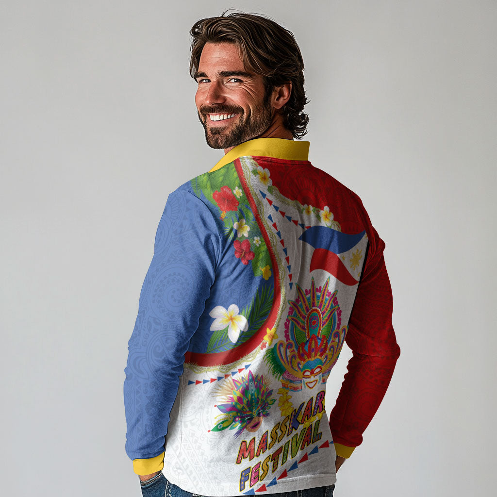 Philippines MassKara Festival Long Sleeve Polo Shirt Smile Masks with Hawaiian Art Pattern and Tropical Plants LT03 - Polynesian Pride